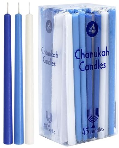 Ner Mitzvah Long Chanukah Candles, Diameter Fits Most Menorahs, Premium Quality Wax - Blue and White for All 8 Nights of Hanukkah - Count 45, Standard Size