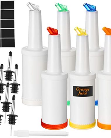 6 Pcs Juice Containers Bar Pour Tops Bar Supplies Plastic Liquor Bottle Pourers Juice Pour Bottle Dispenser for Bar Cooling Wine Pour for Store, 33 oz (White,Red,Yellow,Orange,Blue,Green)