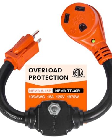 Gociean Overload Protector 30 Amp to 110 Volt RV Adapter with Circuit Breaker, 30 Amp to 15 Amp / 20 Amp Household Adapter, NEMA 5-15P to NEMA TT-30R Power Adapter with LED Power Indicator, ETL Listed
