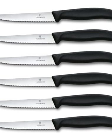 Victorinox 6.7233.6 Swiss Classic Steak Knife Set Ideal for Slicing a Wide Variety of Steak Cuts Serrated Blade in Black, Set of 6