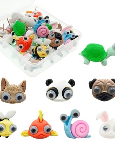 WINFA Fun Animals Push Pins, Cute Thumb Tacks Pushpins for Bulletin Board Thumbtacks Map Pin Dog Fish Bee Snail Turtle Cat Panda Rabbit Decorative Tack Corkboard Classroom Office Home Decor 32Pcs