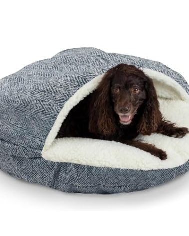 Snoozer Luxury Cozy Cave Dog Bed - Indoor Dog Bed with Cover Cave, Covered Calming Burrow for Small Sized Pets with Blanket Attached, Enclosed, Washable - Small, Palmer Indigo