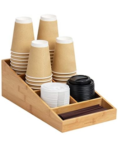Mind Reader Cup and Condiment Station, Countertop Organizer, Coffee Bar, Rayon from Bamboo , 8.25"L x 14.75"W x 5.25"H, Brown