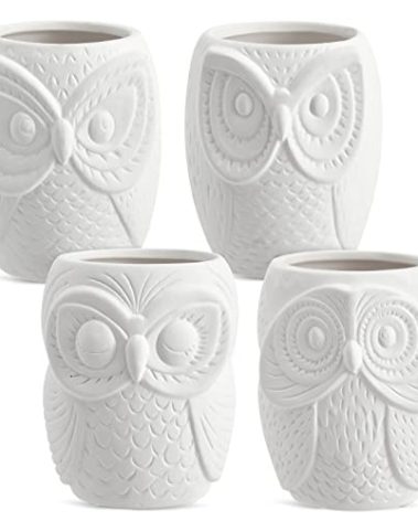 Bright Creations Paintable Ceramic Owl Succulent Planters - Set of 4, 3 x 3 x 4 in Off-White Ceramic - Drainage Holes with Rubber Plugs & Sticker Pads - Pottery Painting Kit for Adults & Kids