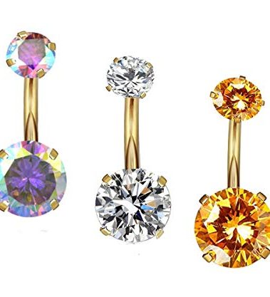 YHMM 14G Surgical Steel Gold Belly Button Rings, Internally Threaded 12mm Long Round CZ Navel Barbell Stud for Women Men (3 Pcs, Gold)