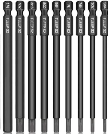 TLEEP 10 x Long 100MM 1/4 Inch Hex Head Allen Wrench Drill Bits, 5/16” to 5/64”, SAE, Magnetic Tips Screwdriver Socket Bit Set for Ikea Type Furniture (S2 Steel 5/16 inch to 5/64 inch)