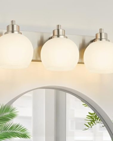 Tuscarora Bathroom Light Fixtures, Brushed Nickel Vanity Light 3 Light with Milk Glass Shade, Over Mirror Lighting for Bathroom