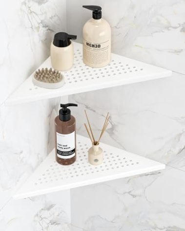 Qeke Corner Shower Shelves, 10” Recessed Tile Shower Shelf Matte White, 304 Stainless Steel Grout in Corner Tile Shower Shelves, No Drilling, 2 Pack