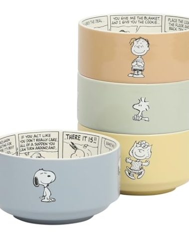 Peanuts Snoopy Bonbon Bites 4-Piece 5.5-Inch Decorated Stoneware Ceramic Stackable Bowl Set, Microwave & Dishwasher Safe Snack and Dessert Bowls