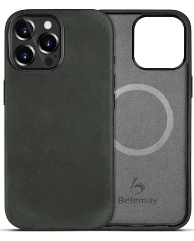 Belemay Compatible with iPhone 15 Pro Max Leather Case with Magsafe - Top Grain Vintage Crazy Horse Leather - Metal Buttons & Lens Protector - Slim Fit Premium Phone Cover (6.7-inch) - Rustic Green