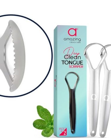 Deep Clean Tongue Scraper- Double-Ended - Flat + Serrated Edge Design, (2pk) Stainless Steel, by Amazing Oralcare