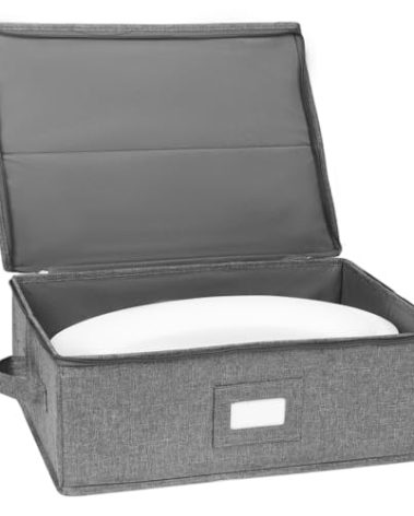 popoly Platter Storage Case, China Storage Containers Hard Shell 17" x 13" x 6", 5 Felt Dividers Included, Structured Top and Stackable (Linen Grey)