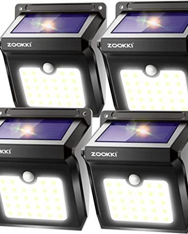 ZOOKKI Solar Outdoor Lights -120° Illumination Solar Motion Sensor Lights Outdoor - IP65 Waterproof Wireless Security Outdoor Solar Powered Lights for Garden Fence Patio Deck（28LED 4-Pack）