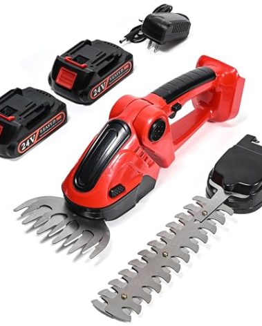 2 in 1 Cordless Hedge Trimmer w/ 2X Rechargeable Battery & Charger, 24V Electric Grass Trimmer Cutter, Handheld Hedge Shears Clippers, Bush Shrub Trimmer Lawn Gardening Tools