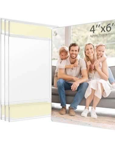 4x6 Acrylic Picture Frame, Clear Frameless Photo Frame for Wall Mount, No Drilling Picture Frames with Tape, Pack of 5 Floating Hanging Picture Frames for Home, School, Office