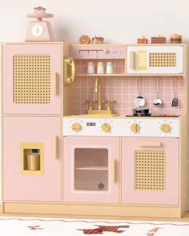 Babytronic Wooden Kitchen Playset for Kids - Pink Pretend Play Kitchen with Lights & Sounds, Retro Style Toy Kitchen for Toddlers Ages 3+, Wooden Play Kitchen Set with Realistic Design (Pink)