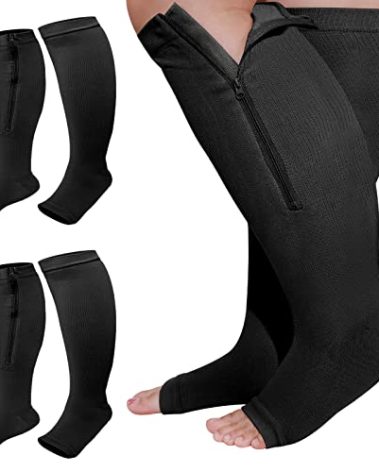Hillban 2 Pair Plus Size Calf Zipper Compression Socks 15 to 20 Mmhg Open Toe Compression Stockings for Overweight Women Men(3 XL,Nude)