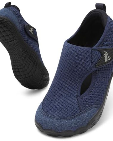 LeIsfIt Wide Walking Shoes Women Men Barefoot Hiking Shoes Breathable Minimalist Sneakers Non-Slip Adjustable Footwear for Diabetic Edema Swollen Feet Navy, 8.5 Women/7.5 Men