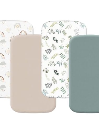 4 Pack Bassinet Sheets Compatible with 20" x 35" Airclub, Larex 3 in 1, BabyBond, HARPPA and Jimglo 3 in 1 Baby Bassinet, Soft and Skin-Friendly, Mint Green and Color Rainbow