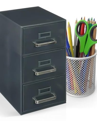 Desktop Mini Filing Cabinet | Business Card Organizer & Storage | Desktop Organizer | 3 Drawers | Gray | 8.75H x 4.5W x 5D inches (Pencil Case Not Included, For Size Reference Only)