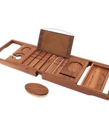 VaeFae Premium Teak Bathtub Tray, Expandable Wooden Bath Tray for Tub, Luxury Bathtub & Bathroom Accessories, Great House Warming, Anniversary & Wedding and Birthday Gifts (Free Teak Body Brush)