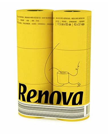 Renova Yellow Toilet Paper 3-Ply -Ideal for Decorating Your Home or Office - Pack of 6 Compact Rolls- 140 Sheets - Eco-label Certified - Dermatologically Tested - Septic Safe - Sustainable & Soft
