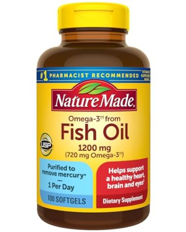 Nature Made Fish Oil Omega 3 Supplements, Omega 3 Fish Oil as Ethyl Esters 1200 mg Softgels, EPA DHA Supplement for Healthy Heart, Brain, Eye Support, One Per Day, 100 Softgels