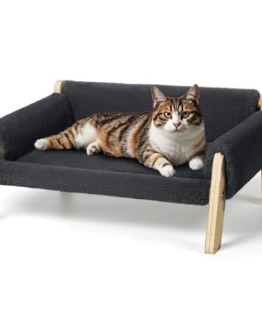 Elevated Cat Couch Bed for Indoor Cats - Wooden Pet Sofa with Removable Washable Thick Cover Raised Kitty Lounge Chair Suitable for Puppy or Small Animals(Cat Sofa Dark-Grey)