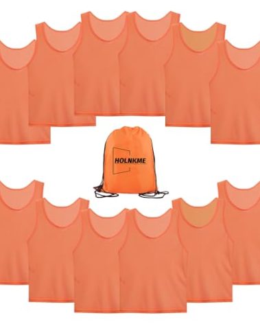 Holnkme Scrimmage Team Practice Vests Sports Pinnies Soccer Training Basketball Nylon Mesh Jerseys for Child & Adult(12 Pack) Orange