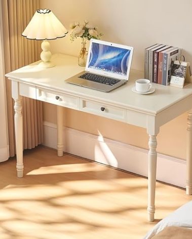 Conabaen French Country Style White Writing Desks with Drawers, 47" Solid Wood Farmhouse Computer Table for Home Office, Living Room Study or Workspace