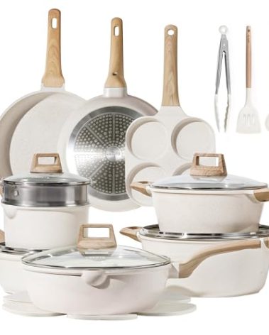 CAROTE 21Pcs Pots and Pans Set, Nonstick Cookware Sets, White Granite Induction Cookware Non Stick Cooking Set w/Frying Pans & Saucepans(PFOS, PFOA Free)