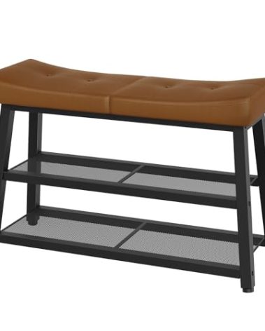 YATINEY Shoe Bench, 3-Tier Shoe Rack, Entryway Bench with Storage and Cushion, for Hallway, Foyer, Bedroom, Brown and Black HX02BV