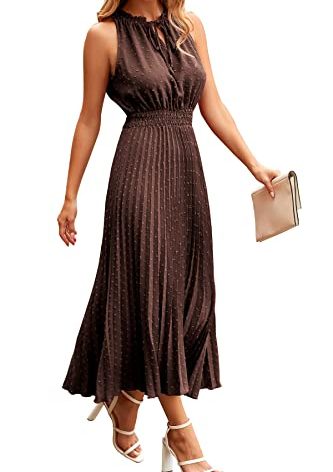 PRETTYGARDEN Women's Midi Summer Dresses Casual V Neck Swiss Dot Ruffle Sleeveless A Line Beach Sun Dress (Brown,Medium)