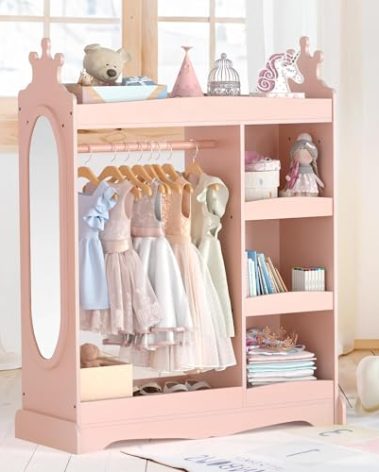 Curipeer Kids Dress up Storage with Mirror, Kids Wardrobe with 3 Hooks, Kids Closet for Girls Boys, Open Hanging Armoire Costume Organizer for Bedroom, Classroom, Preschool, Pink