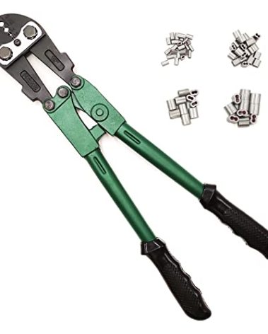 FenceMate 4 Slot Crimping Swaging Tool Kit to Join High Tensile Steel Wires, Ropes with 4 Sizes Assorted Sleeves, Spanner & Gauge Tool, 18" Hand Crimper Swager for Splicing Wires, Crimp wrench