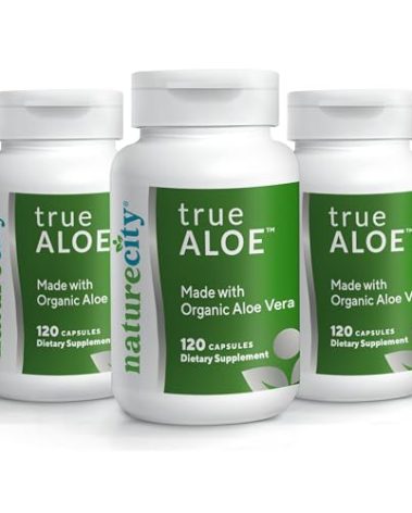 NatureCity True-Aloe 80,000mg Aloe Vera Gel Equivalent Per Serving– Made with Organic Aloe Vera (360 Capsules) Digestive, Skin and Joint Support|Small Easy-to-Swallow Pills