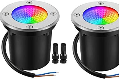 Junview Low Voltage Landscape Lights RGBW LED Well Lights Landscape Lighting IP67 Waterproof Outdoor Landscape Lights12V-24V Pathway Deck Ground Lights(2Pack with Connectors)