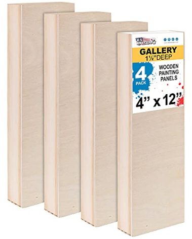 U.S. Art Supply 4" x 12" Unfinished Cradled Wood Panels for Painting, Gallery 1-1/2" Deep (4 Pack) - Artist Depth Wooden Wall Canvases - Mixed-Media Craft, Acrylic, Oil, Encaustic, Paint Pouring
