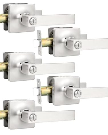 GOBEKOR 5 Pack Interior Brushed Nickel Bedroom Door Handles with Lock Privacy Door Levers Bathroom Lever, Square Rosette