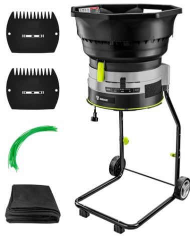 Electric Leaf Mulcher/Shredder: DEKOPRO 15-Amp 8200RPM Motor for 17:1 Reduction Ratio, Adjustable Control Dia with Leaf Scoops Spade, Collection Bag & 20 Cutting Lines