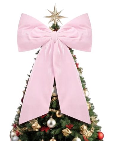 HunnmingRe 20 x 30 Inches Christmas Large Velvet Bows Christmas Tree Topper Decor Giant Xmas Tree Toppers Bows for Home Wreath Wall Backdrop Birthday Wedding Party Decorations(Pink,1 Pcs)