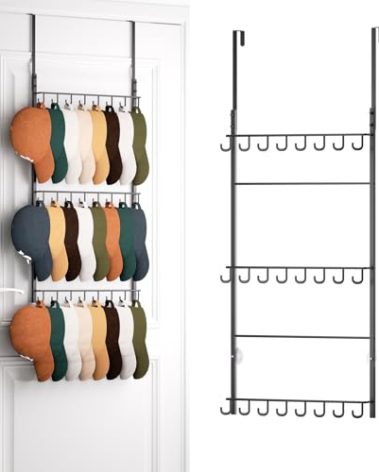 HapiRm Over Door Hat Rack - 3 Tier Wall Mounted Hat Organizer with 24 Hooks, Baseball Cap Organizer Storage Holds up to 24 Caps for Door, Bedroom, Closet