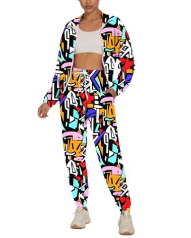 UOUA Women's Color Block 2 Piece 80s 90s Outfits Long Sleeve Windbreaker Jacket Tracksuit Set ColorfulBlock M