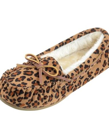 FIBURE Womens Moccasin Slippers Micro Suede Cozy Indoor Outdoor House Shoes Leopard Size 8 US