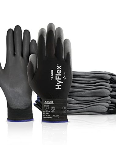 Ansell HYFLEX 11-600 Light Duty Nylon Industrial Gloves w/Palm Coating for Metal Fabrication, Automotive - Medium (8), Black (12 Pairs)