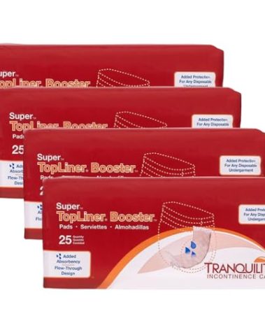 Tranquility TopLiner Disposable Booster Pads, Super (15" x 4.25") Flow-Through Design with Adhesive Strip for Max Absorption, Adult Unisex, 100ct Case