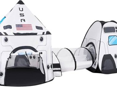 JOYIN White Rocket Ship Pop up Play Tent with Tunnel and Playhouse Kids Indoor Outdoor Spaceship Tent Set