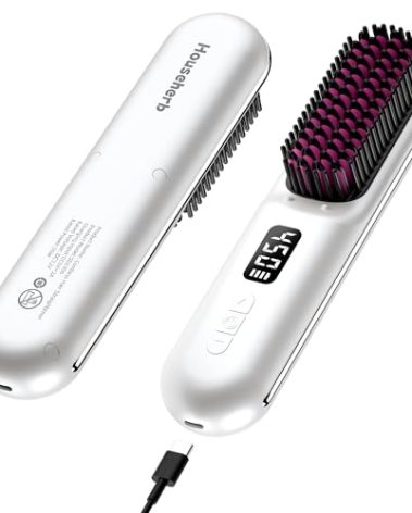 Househerb Cordless Hair Straightener Brush, Portable Mini Hair Straightening Brush for Travel, Rechargeable 9600 mAh USB-C, Lightweight Anti-Scald Heated Styling Tools & Appliances