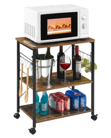 Mr IRONSTONE Microwave Cart 23.7'' for Small Space, 3-Tier Microwave Stand Coffee Cart Rolling Kitchen Utility cart on Wheels, Rustic Brown