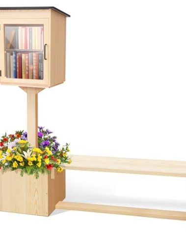 Wonderjune Wooden Little Library Box Outdoor Free Library, Double Outdoor Box with Matching Wooden Seats Floor Plugs and Small Flower Fence for Neighborhoods, Community(Wood)